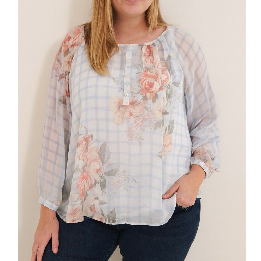 LC Lauren Conrad blue Floral Sheer Blouse XL Professional Career Workwear Office